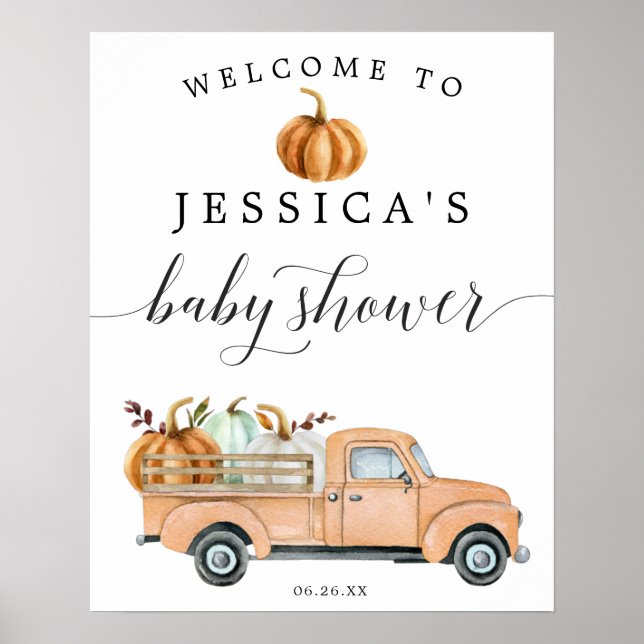Vintage Pumpkin Truck Baby Shower Welcome Sign (Front)