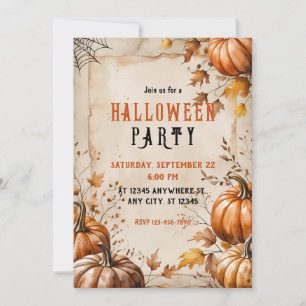 Vintage Pumpkins, Dried Leaves, Halloween Party Invitation