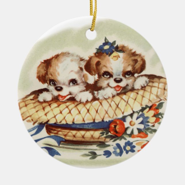 Vintage puppies in hat ceramic ornament (Front)