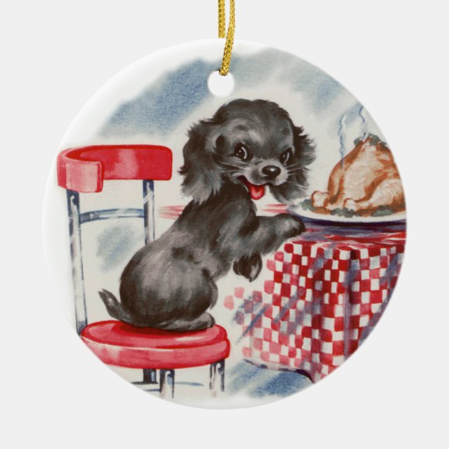 Vintage puppy at dinner table ceramic ornament (Front)