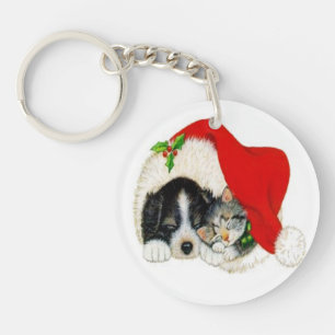 Vintage Puppy Kitty Christmas Keychain