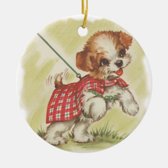 Vintage puppy on leash ceramic ornament (Front)