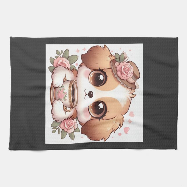 Vintage Puppy with Tea Kitchen Towel (Horizontal)