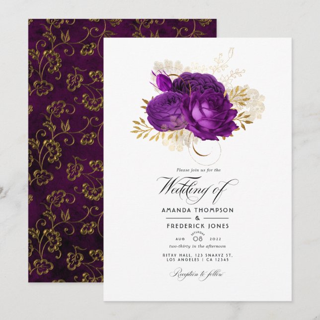 Vintage Purple and Gold Floral Wedding Invitation (Front/Back)