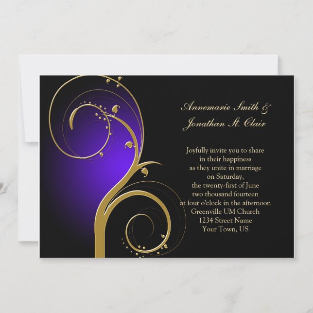 Vintage Purple Black and Gold Wedding Invitation (Front)