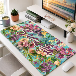 Vintage Purple Blue Floral Monogram Pattern Desk Mat