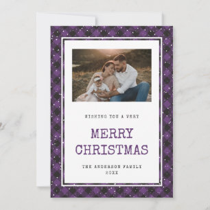 Vintage Purple Buffalo Plaid Photo Christmas Cards