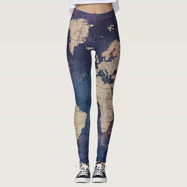 Vintage Purple Celestial World Map (11) Leggings (Front)
