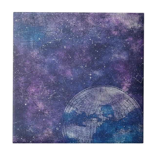 Vintage Purple Celestial World Map (12) Tile (Front)