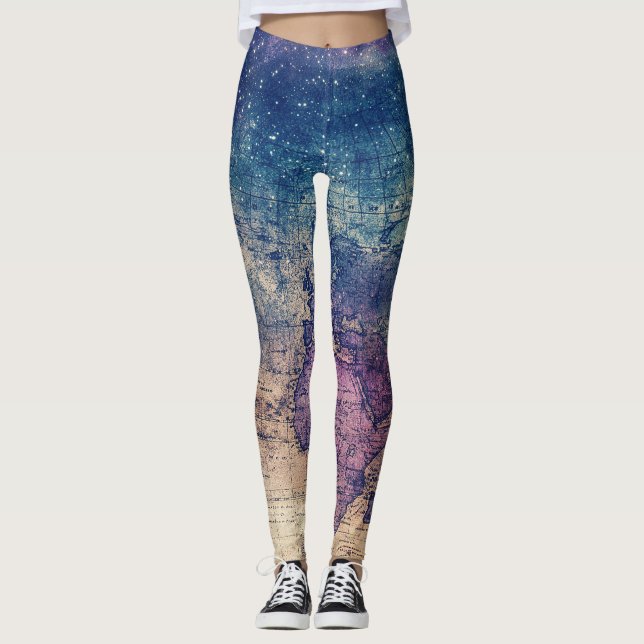 Vintage Purple Celestial World Map (13) Leggings (Front)