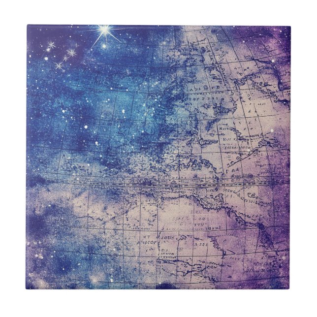 Vintage Purple Celestial World Map (14) Tile (Front)