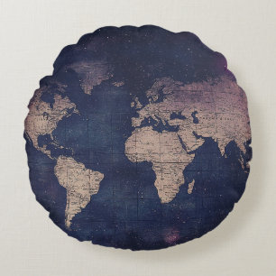 Vintage Purple Celestial World Map (5) Round Pillow