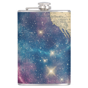 Vintage Purple Celestial World Map (6) Hip Flask