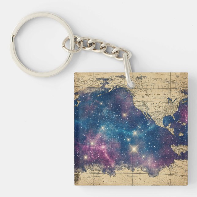 Vintage Purple Celestial World Map (6) Keychain (Front)