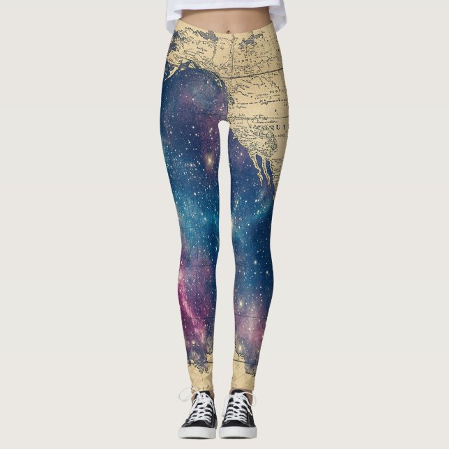 Vintage Purple Celestial World Map (6) Leggings (Front)