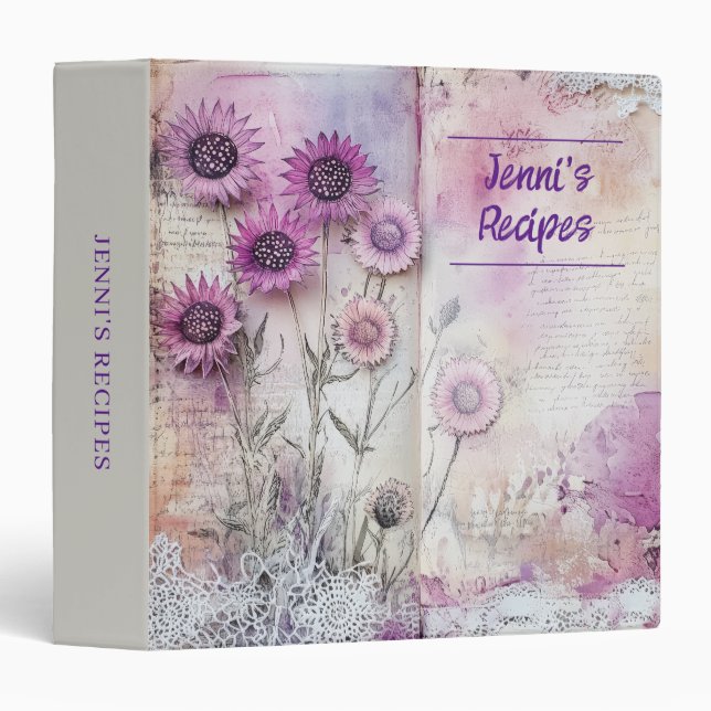 Vintage Purple Cream Floral Lace Cookbook Binder (Front/Spine)