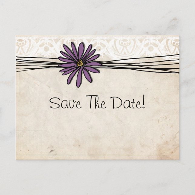 Vintage Purple Daisy Save The Date Announcement Postcard (Front)