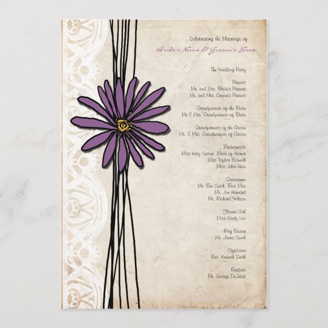 Vintage Purple Daisy Wedding Program (Front)