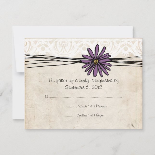 Vintage Purple Daisy Wedding RSVP Card (Front)