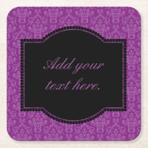Vintage Purple Damask Pattern Custom Text Square Paper Coaster