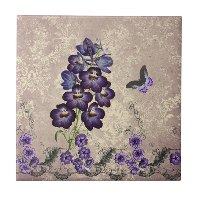 Vintage Purple Floral Butterfly Tile (Front)