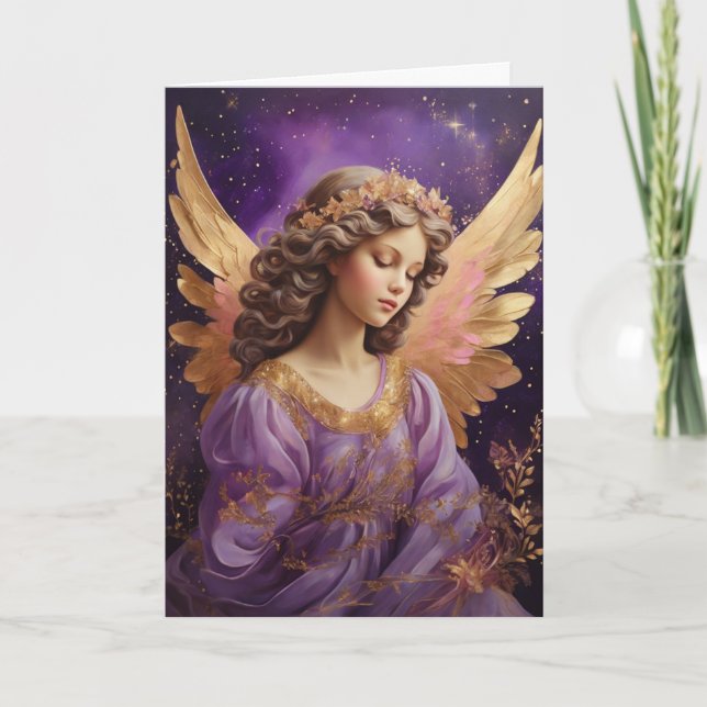 Vintage Purple Floral Christmas Angel Card (Front)