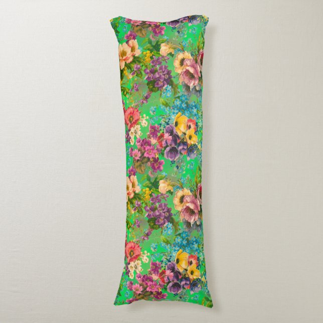 Vintage purple floral green pattern body pillow (Front Vertical)