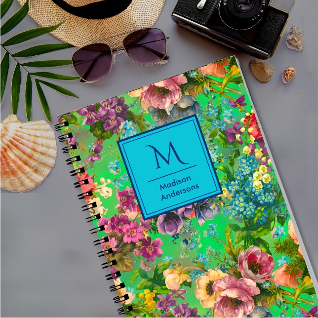 Vintage purple floral green pattern monogram notebook (Creator Uploaded)