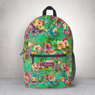 Vintage purple floral green pattern monogram printed backpack