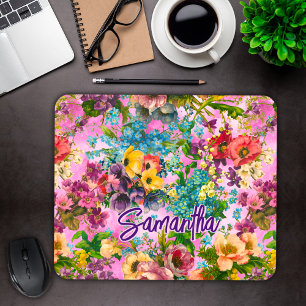 Vintage purple floral pink pattern monogram mouse pad