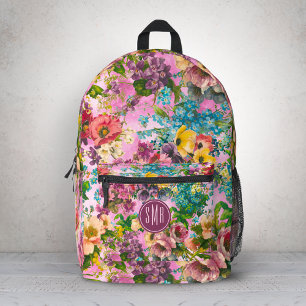 Vintage purple floral pink pattern monogram printed backpack