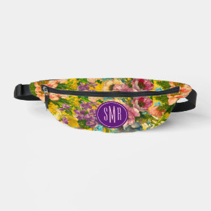Vintage purple floral yellow pattern monogram fanny pack