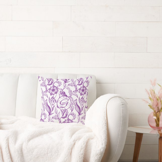 Vintage Purple Flowers Monogram Throw Pillow (Couch)
