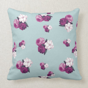 Vintage Purple Flowers on Light Blue Throw Pillow