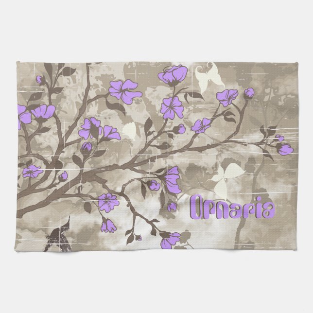 Vintage purple flowers taupe grunge custom kitchen towel (Horizontal)