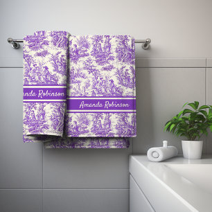 Vintage Purple French Toile de Jouy Pattern Bath Towel Set