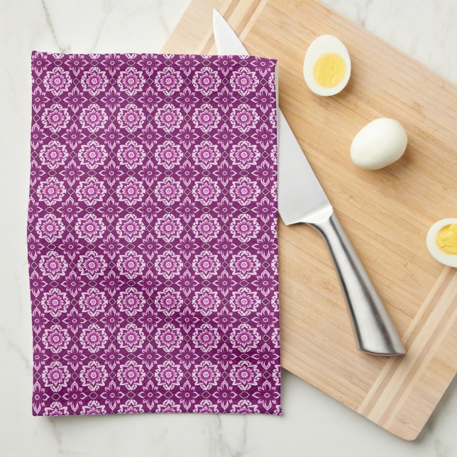 Vintage Purple Geometric Floral Pattern Kitchen Towel (Quarter Fold)