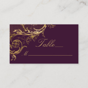 Vintage Purple Gold Floral Damask Script Wedding Place Card
