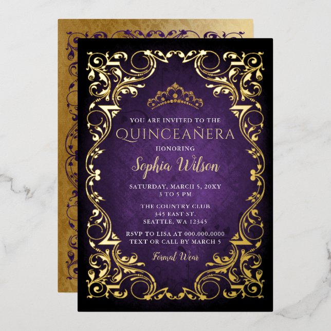 Vintage Purple Gold Princess Tiara Quinceañera (Front/Back)