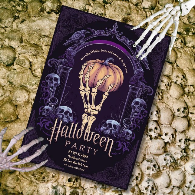 Vintage Purple Gothic Skeleton Hand Halloween Invitation (Gothic Halloween Party Invitation)