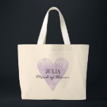 Vintage purple heart maid of honour large tote bag<br><div class="desc">Classy lavender purple watercolor heart maid of honour large oversized tote bags. Personalized lilac water colour painting love symbol brides maid tote bags for team bride. Pretty vintage look design with elegant script typography text and custom name. Make one for bridesmaids, flower girl, maidofhonor, matron of honour, mother of the...</div>