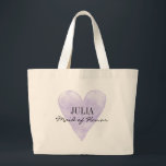 Vintage purple heart maid of honour large tote bag<br><div class="desc">Classy lavender purple watercolor heart maid of honour large oversized tote bags. Personalized lilac water colour painting love symbol brides maid tote bags for team bride. Pretty vintage look design with elegant script typography text and custom name. Make one for bridesmaids, flower girl, maidofhonor, matron of honour, mother of the...</div>