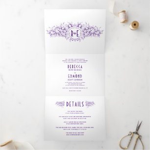 Vintage purple heraldic crest and initials wedding Tri-Fold invitation