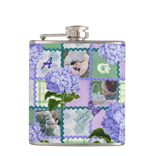 Vintage Purple Hydrangea Instagram Photo Quilt Hip Flask