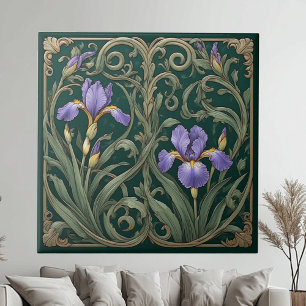 Vintage Purple Iris Decorative Art Green Botanical Tile