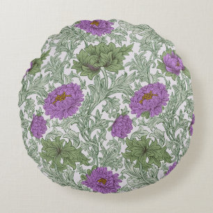 Vintage Purple Moss Green William Morris Floral Round Pillow