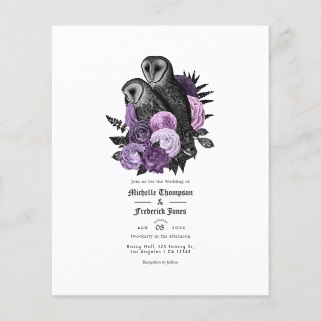 Vintage Purple Owls Gothic Wedding Invitation Flyer (Front)