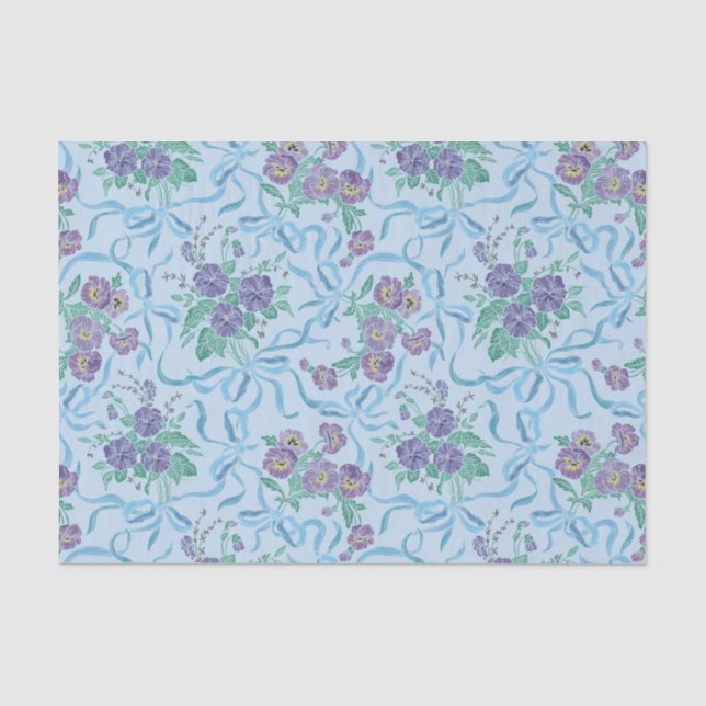 Vintage Purple Pansies Ribbons Light Blue Tissue Paper (Front)