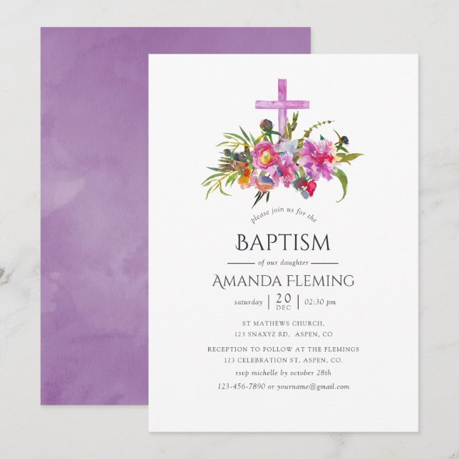 Vintage Purple Peonies Baptism or Christening Invitation (Front/Back)