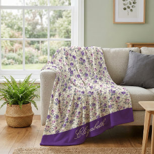 Vintage Purple Pink Floral Script Name Fleece Blanket